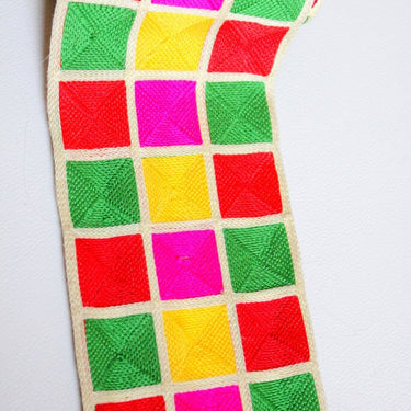 Beige Trim With Green, Pink, Red And Yellow Square Pattern Thread Trim